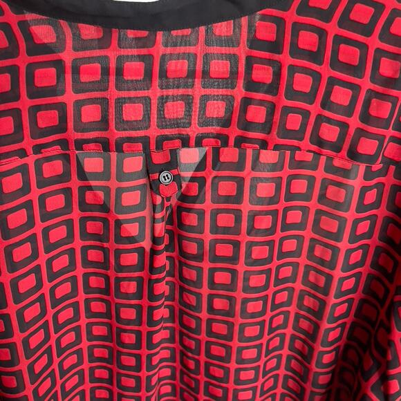 Tacera Women Plus 3XL Sheer Tunic Blouse Red & Black Geometric Print Long Sleeve - Picture 6 of 8